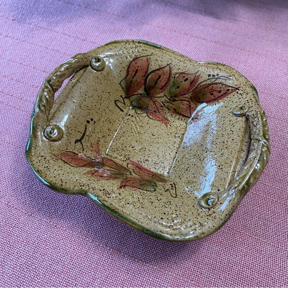 Trinket Dish w/ Handles Signed Studio Pottery Speckeled Stoneware Clay